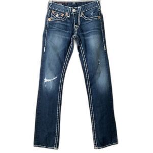 True Religion Straight Leg Whipstitch Distressed Flap Pocket Jeans Blue 28